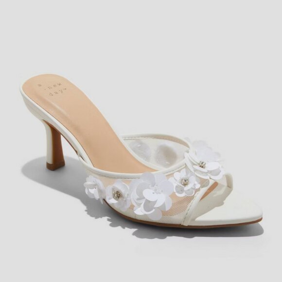 a new day Shoes - Lupita Mesh Rhinestone Peep Toe Mule Heels Memory Foam Insole - A New Day White